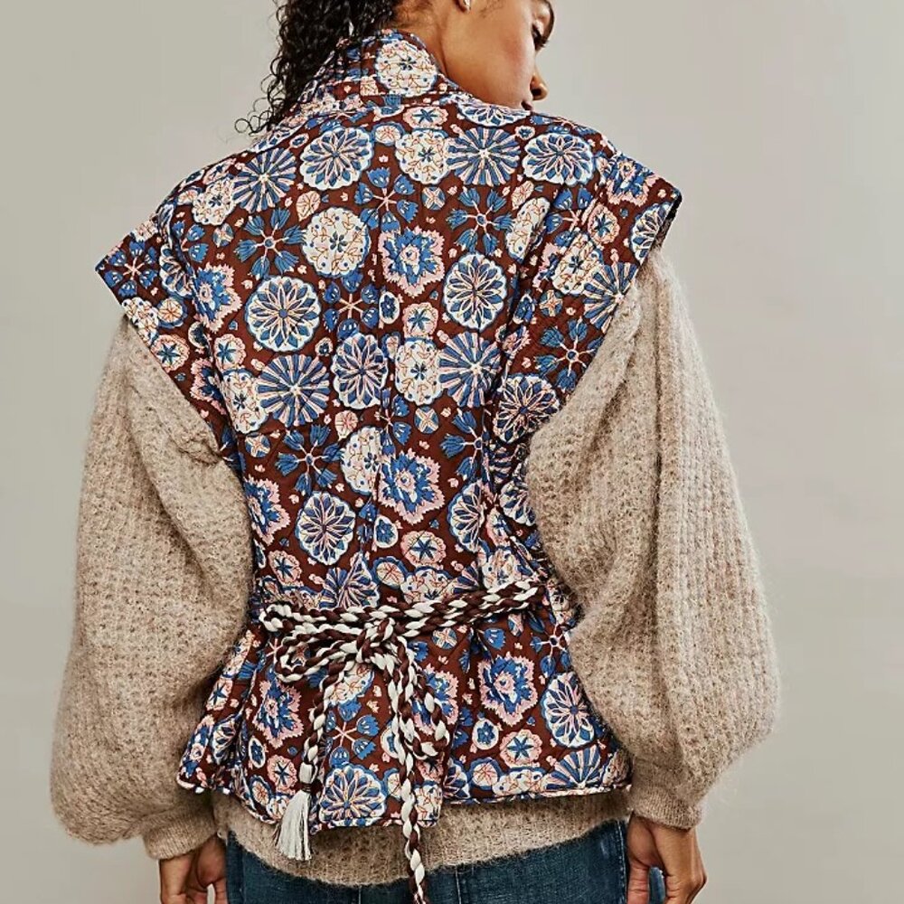 Free People Quilted Floral Belted Vest in Brown, Blue, Pink